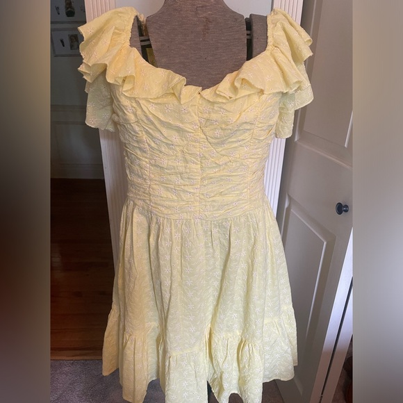 AQUA V-Neck Ruffled Eyelet Mini Dress Women's Large Yellow Short Flutter Sleeve - Picture 8 of 15
